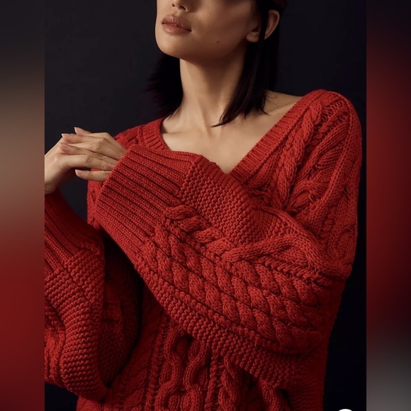 Anthropologie Maeve Red Cable Knit Wide Sleeve Sweater M - Picture 3 of 4